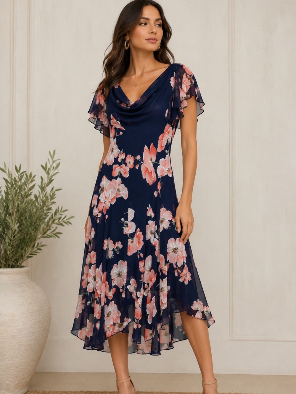 Signature by Robbie Bee Navy Floral Cowl-Neck Midi Dress